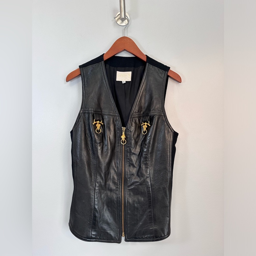 Vintage Alberto Makali Leather & Wool Moto Vest w/ Ram Head Knockers- Sz 6